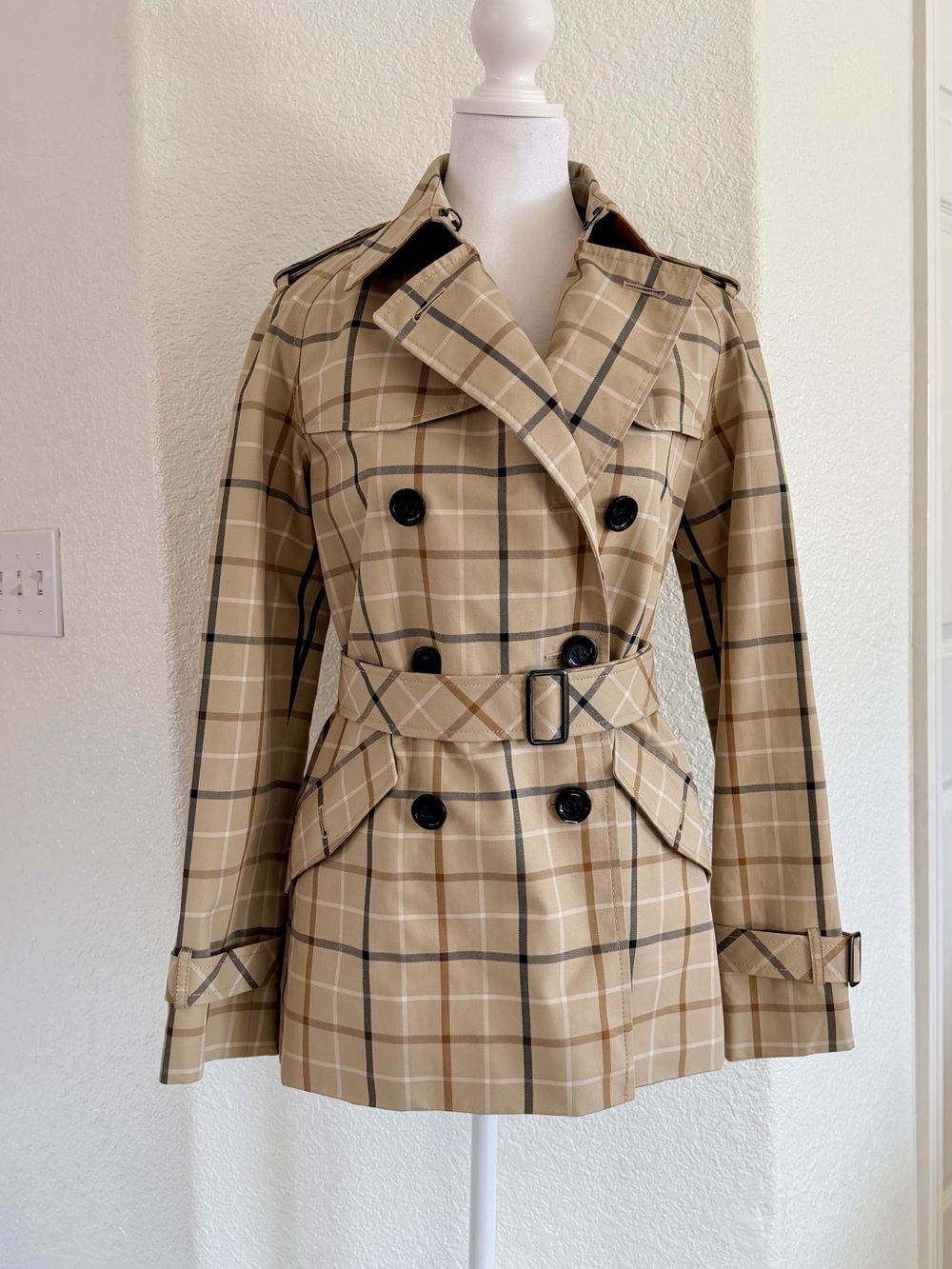 Coach Khaki Multi Plaid Double Breasted Short Trench Coat NWT F86437 Small - Picture 2 of 8